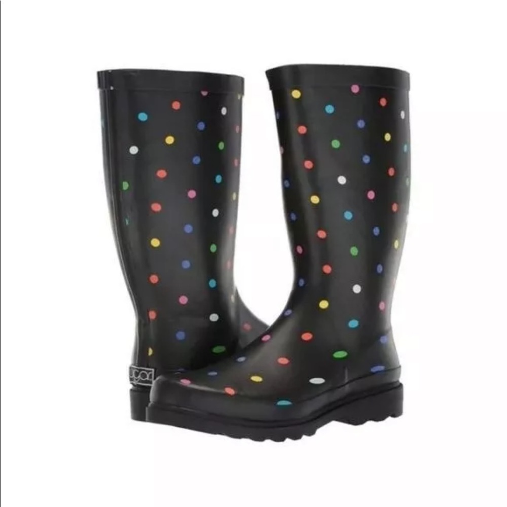 Sugar Raffle Rain Boots in Black Fiesta Dots Sz 8M